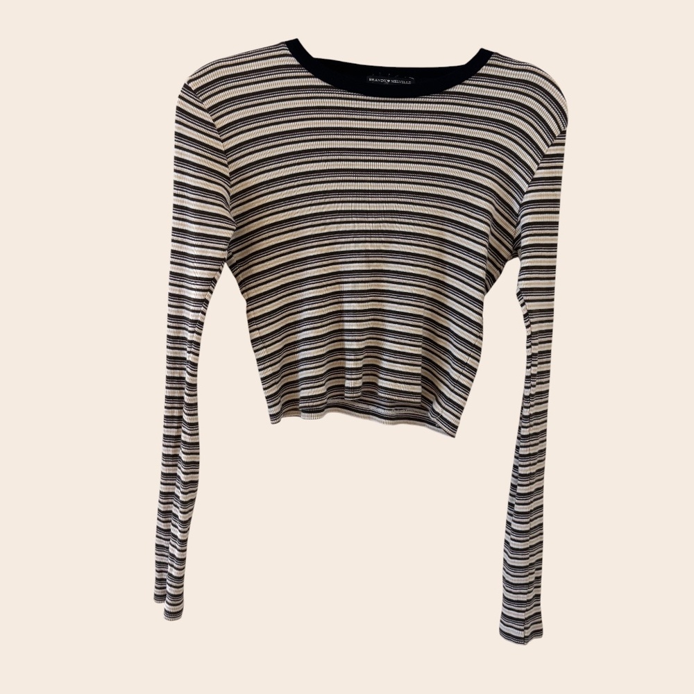 *Brandy Melville Brown & Cream Striped Long Sleeve Crop Top Small